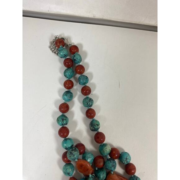Lucas Lameth LUC 925 Sterling Turquoise & Red Coral Triple Strand Necklace